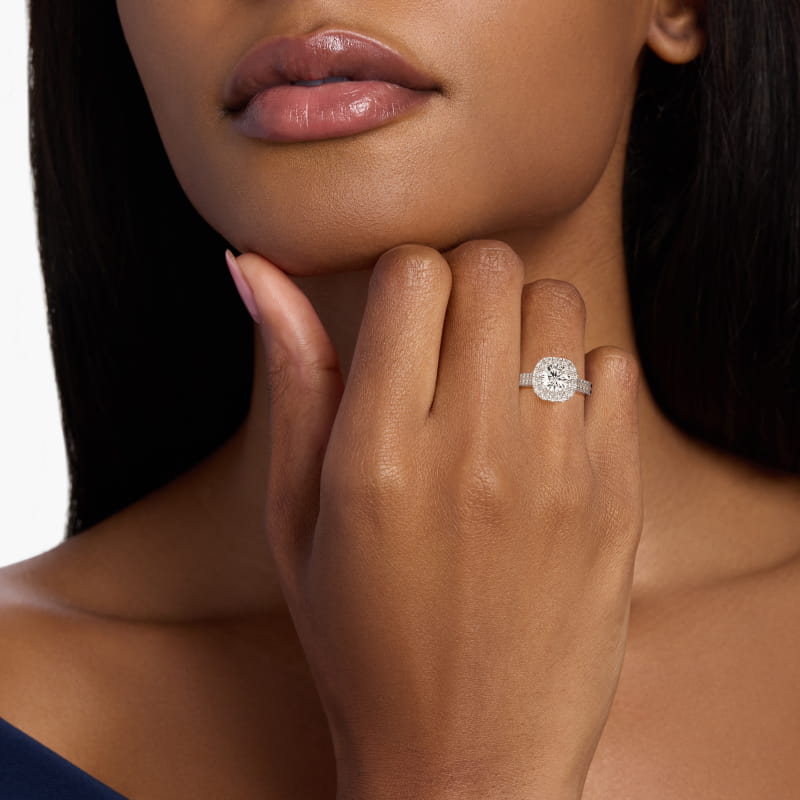 Double Shank Diamond Halo Engagement Ring In 14K White Gold