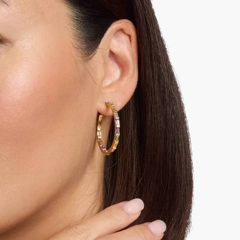 Pastel Multi Gemstone and Diamond Hoop Earrings in 14k Yellow Gold