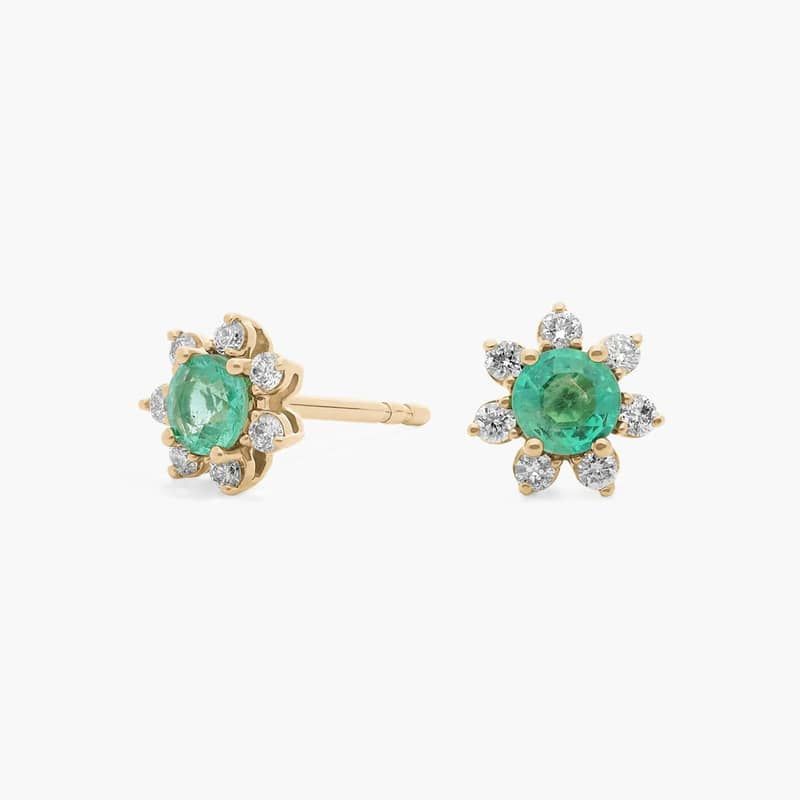Mini Emerald Earrings with Diamond Blossom Halo in 14k Yellow Gold (3.5mm)