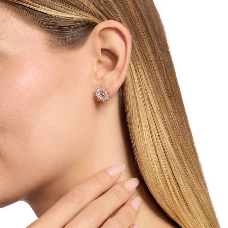 Morganite Earrings with Baguette Diamond Halo in 14k Rose Gold (5mm)