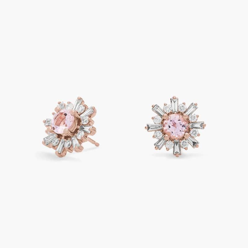 Morganite Earrings with Baguette Diamond Halo in 14k Rose Gold (5mm)