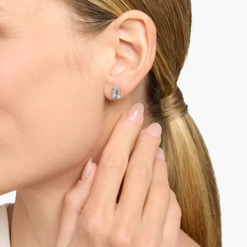 Emerald Cut Birthstone Aquamarine Stud Earrings in 14K White Gold (7x5mm)