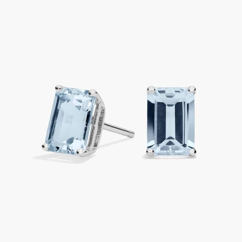 Emerald Cut Birthstone Aquamarine Stud Earrings in 14K White Gold (7x5mm)