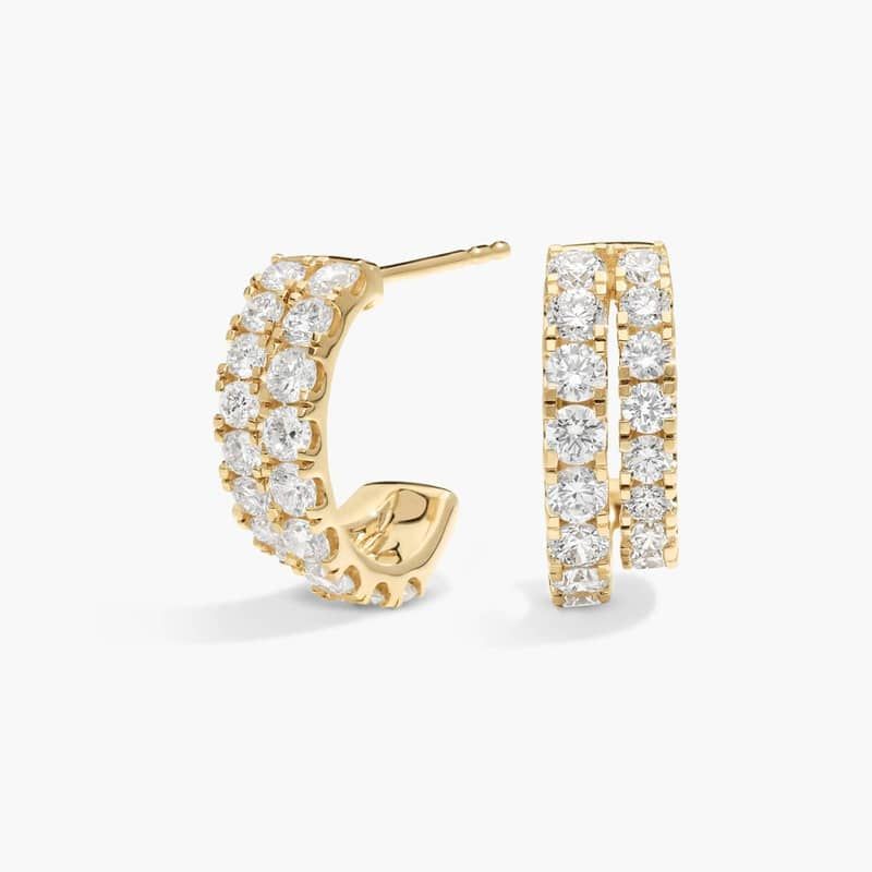 2 Row Diamond J Hoop Earrings with 1.5 CTW Round Cut Lab-Grown Diamonds in 14K Yellow Gold