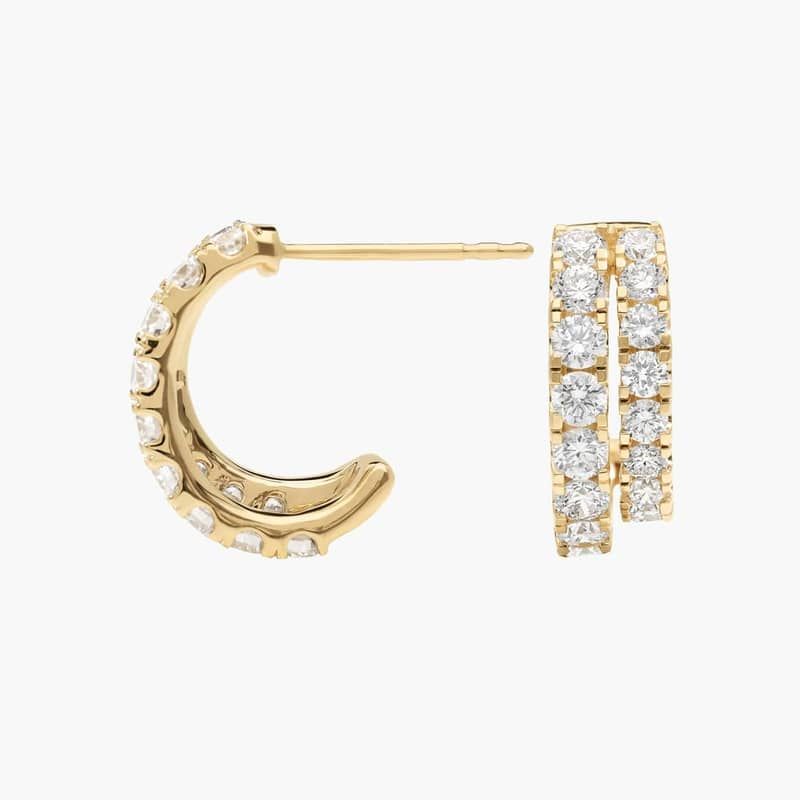 2 Row Diamond J Hoop Earrings with 1.5 CTW Round Cut Lab-Grown Diamonds in 14K Yellow Gold