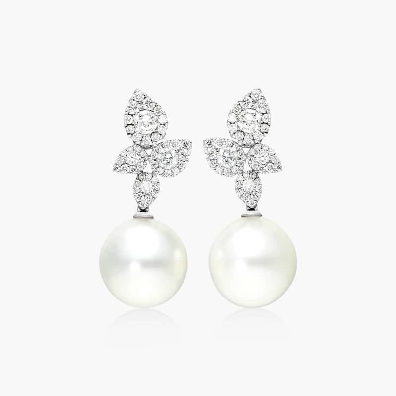 Cultured South Sea Pearl And Teardrop Diamond Cluster Drop Earrings In 18K White Gold (12-13 mm)