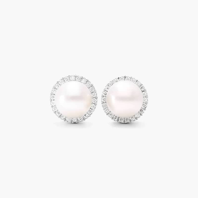 Cultured Freshwater Pearl And Diamond Halo Earrings In 14K White Gold