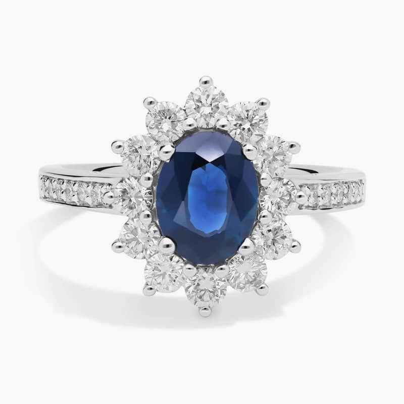 Oval Sapphire and Diamond Halo Ring in 18k White Gold (8x6mm)