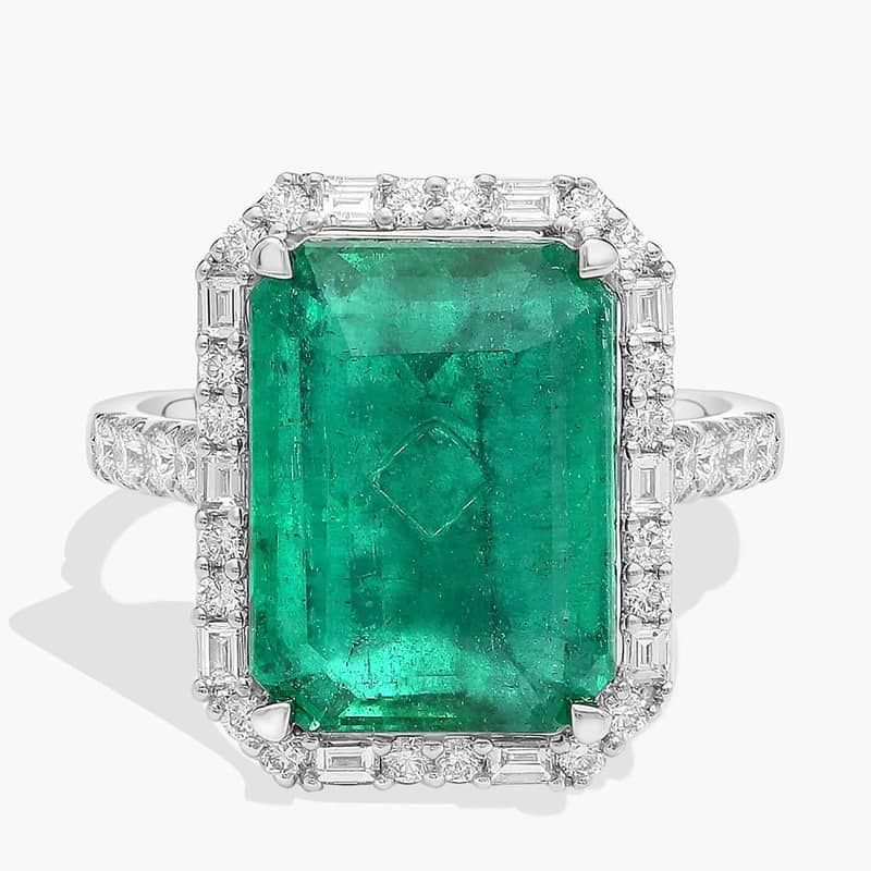 Extraordinary Collection: Emerald and Diamond Halo Statement Ring in 18k White Gold