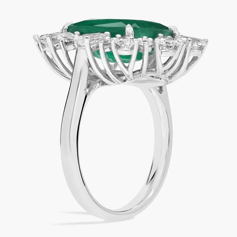 Extraordinary Collection: Green Emerald and Diamond Halo Cocktail Ring in 18k White Gold (11x10mm)