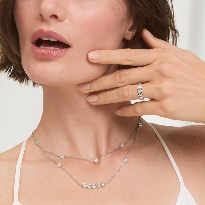 Oval Cut Graduated Lab-Grown Diamond Bezel Ring In 14K White Gold