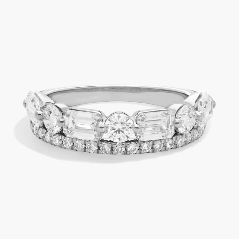 2 Row Diamond Ring with 2 CTW Emerald and Round Cut Lab-Grown Diamonds in 14K White Gold