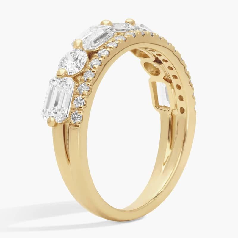 2 Row Diamond Ring with 2 CTW Emerald and Round Cut Lab-Grown Diamonds in 14K Yellow Gold