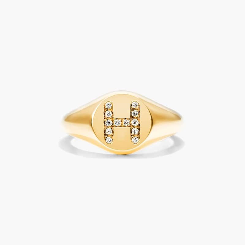 Diamond H Initial Signet Ring In 14K Yellow Gold