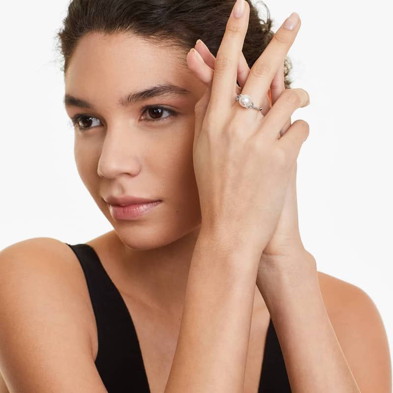 Freshwater Cultured Pearl And Diamond Vine Ring In 14K White Gold (9.0-9.5mm)