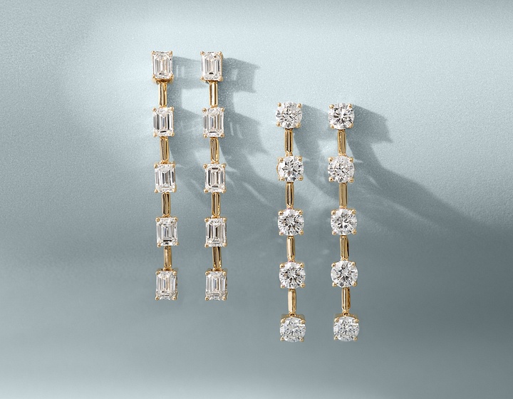 Emerald and Round Diamond Drop Earrings